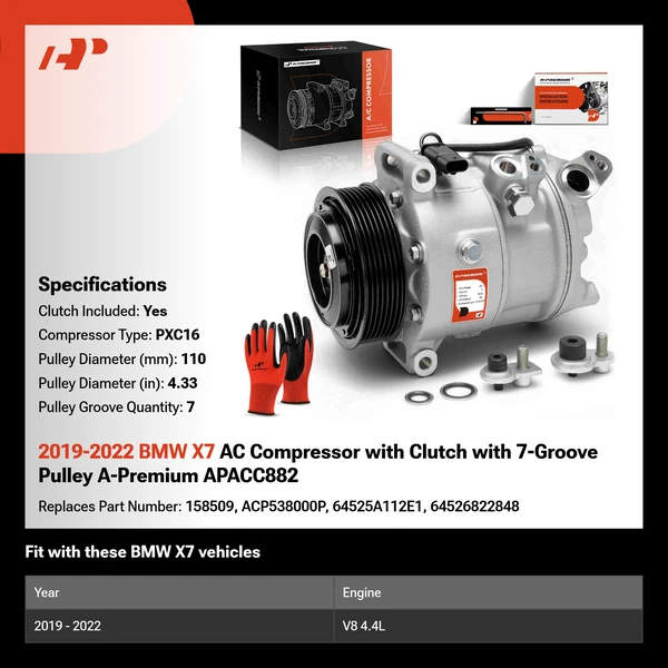 2019-2022 BMW X7 AC Compressor with Clutch with 7-Groove Pulley A-Premium APACC882
