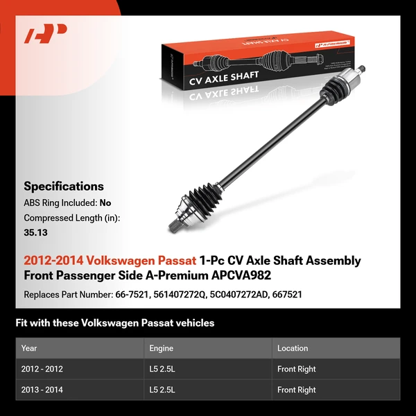 2012-2014 Volkswagen Passat 1-Pc CV Axle Shaft Assembly Front Passenger Side A-Premium APCVA982