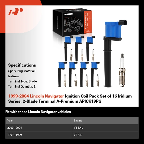 1999-2004 Lincoln Navigator Ignition Coil Pack Set of 16 Iridium Series, 2-Blade Terminal A-Premium APICK19PG