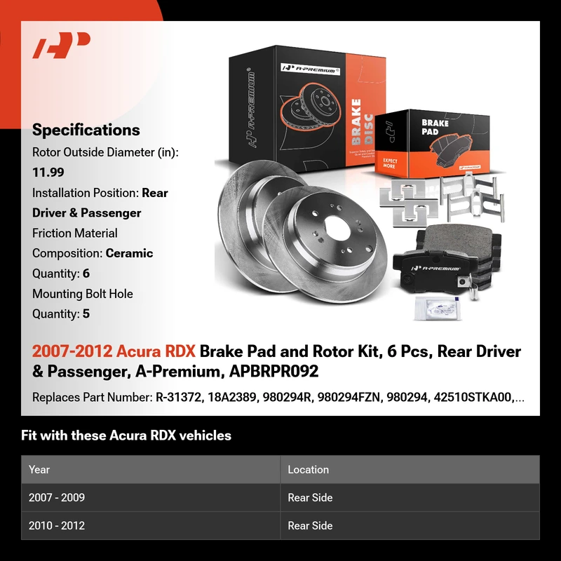 2007-2012 Acura RDX Brake Pad and Rotor Kit, 6 Pcs, Rear Driver & Passenger, A-Premium, APBRPR092