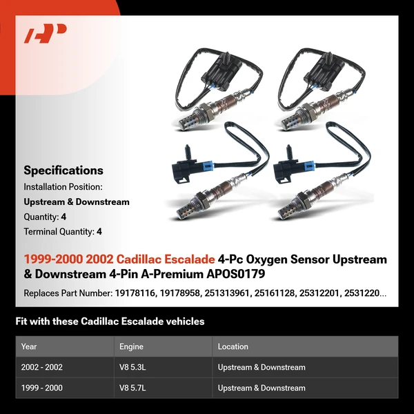1999-2000 2002 Cadillac Escalade 4-Pc Oxygen Sensor Upstream & Downstream 4-Pin A-Premium APOS0179
