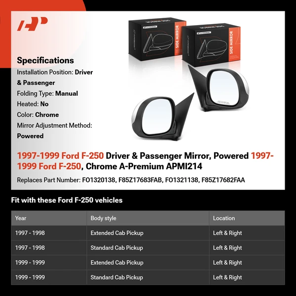 1997-1999 Ford F-250 Driver & Passenger Mirror, Powered 1997-1999 Ford F-250, Chrome A-Premium APMI214