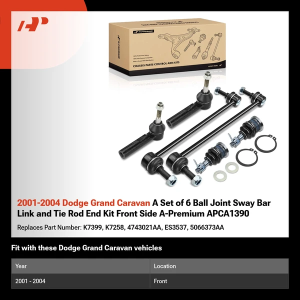 2001-2004 Dodge Grand Caravan A Set of 6 Ball Joint Sway Bar Link and Tie Rod End Kit Front Side A-Premium APCA1390