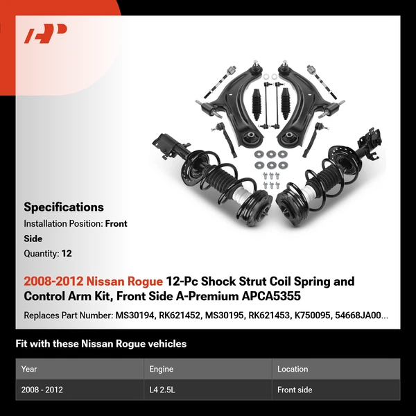 2008-2012 Nissan Rogue 12-Pc Shock Strut Coil Spring and Control Arm Kit, Front Side A-Premium APCA5355