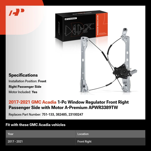 2017-2021 GMC Acadia 1-Pc Window Regulator Front Right Passenger Side with Motor A-Premium APWR3389TW