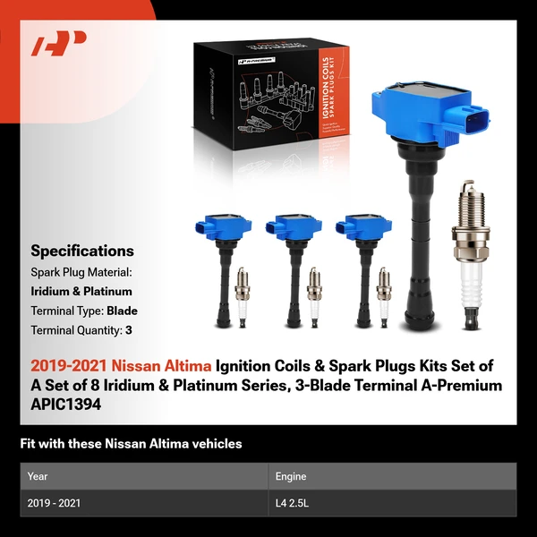 2019-2021 Nissan Altima Ignition Coils & Spark Plugs Kits Set of A Set of 8 Iridium & Platinum Series, 3-Blade Terminal A-Premium APIC1394