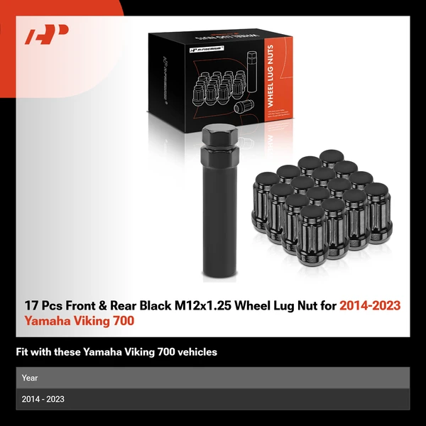 17 Pcs Front & Rear Black M12x1.25 Wheel Lug Nut for 2014-2023 Yamaha Viking 700