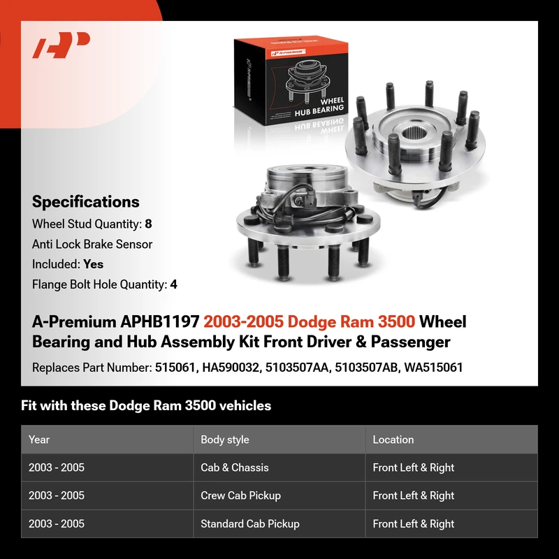 A-Premium APHB1197 2003-2005 Dodge Ram 3500 Wheel Bearing and Hub Assembly Kit Front Driver & Passenger