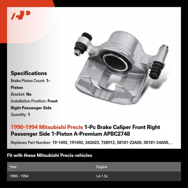 1990-1994 Mitsubishi Precis 1-Pc Brake Caliper Front Right Passenger Side 1-Piston A-Premium APBC2748
