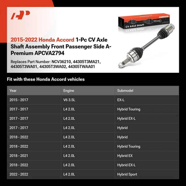 2015-2022 Honda Accord 1-Pc CV Axle Shaft Assembly Front Passenger Side A-Premium APCVA2794