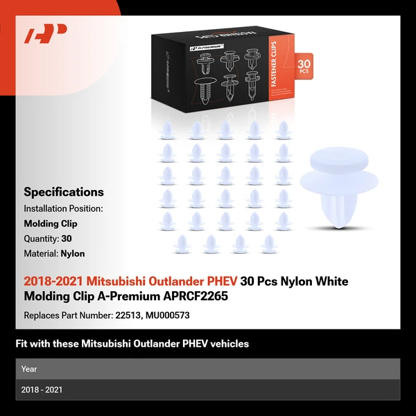 2018-2021 Mitsubishi Outlander PHEV 30 Pcs Nylon White Molding Clip A-Premium APRCF2265