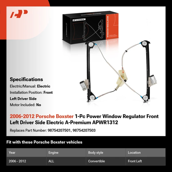 2006-2012 Porsche Boxster 1-Pc Power Window Regulator Front Left Driver Side Electric A-Premium APWR1312