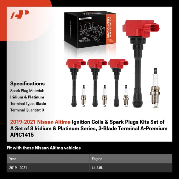 2019-2021 Nissan Altima Ignition Coils & Spark Plugs Kits Set of A Set of 8 Iridium & Platinum Series, 3-Blade Terminal A-Premium APIC1415