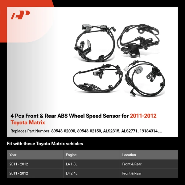 4 Pcs Front & Rear ABS Wheel Speed Sensor for 2011-2012 Toyota Matrix