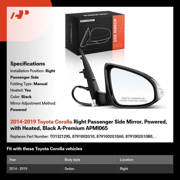 2014-2019 Toyota Corolla Right Passenger Side Mirror, Powered, with Heated, Black A-Premium APMI065