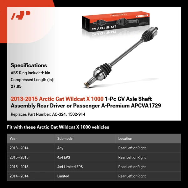 2013-2015 Arctic Cat Wildcat X 1000 1-Pc CV Axle Shaft Assembly Rear Driver or Passenger A-Premium APCVA1729