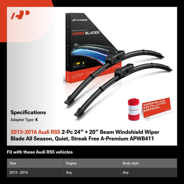 2013-2016 Audi RS5 2-Pc 24″ + 20″ Beam Windshield Wiper Blade All Season, Quiet, Streak Free A-Premium APWB411