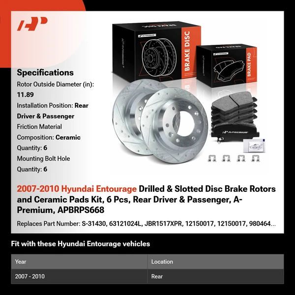 2007-2010 Hyundai Entourage Drilled & Slotted Disc Brake Rotors and Ceramic Pads Kit, 6 Pcs, Rear Driver & Passenger, A-Premium, APBRPS668