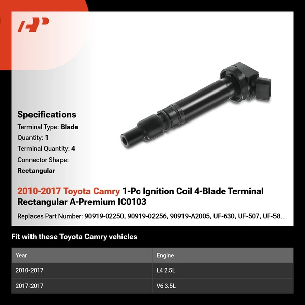 2010-2017 Toyota Camry 1-Pc Ignition Coil 4-Blade Terminal Rectangular A-Premium IC0103