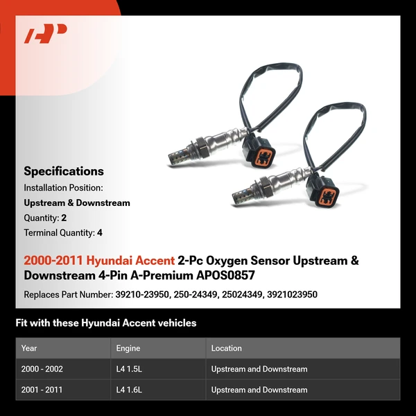 2000-2011 Hyundai Accent 2-Pc Oxygen Sensor Upstream & Downstream 4-Pin A-Premium APOS0857