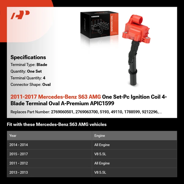 2011-2017 Mercedes-Benz S63 AMG One Set-Pc Ignition Coil 4-Blade Terminal Oval A-Premium APIC1599