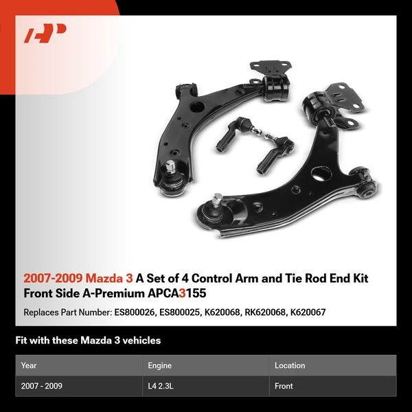 2007-2009 Mazda 3 A Set of 4 Control Arm and Tie Rod End Kit Front Side A-Premium APCA3155