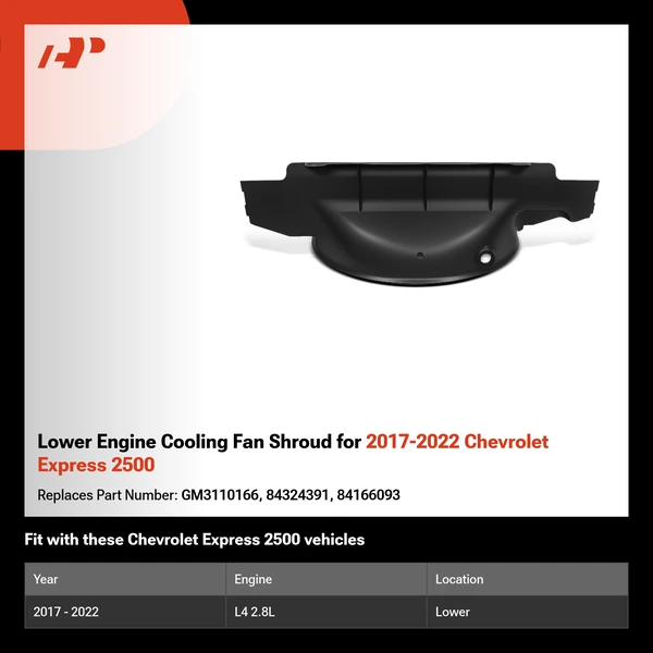 Lower Engine Cooling Fan Shroud for 2017-2022 Chevrolet Express 2500