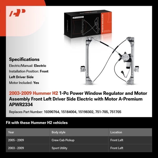 2003-2009 Hummer H2 1-Pc Power Window Regulator and Motor Assembly Front Left Driver Side Electric with Motor A-Premium APWR2334