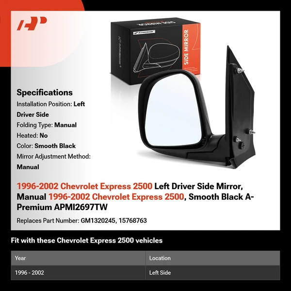 1996-2002 Chevrolet Express 2500 Left Driver Side Mirror, Manual 1996-2002 Chevrolet Express 2500, Smooth Black A-Premium APMI2697TW