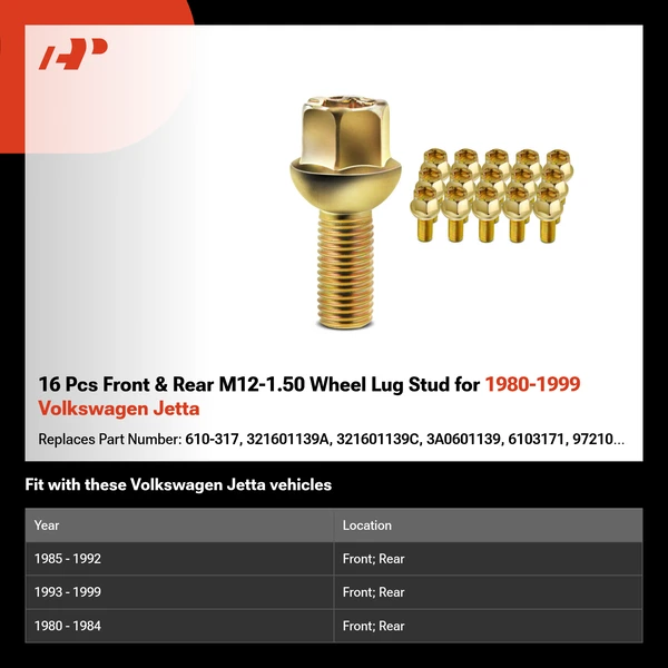 16 Pcs Front & Rear M12-1.50 Wheel Lug Stud for 1980-1999 Volkswagen Jetta