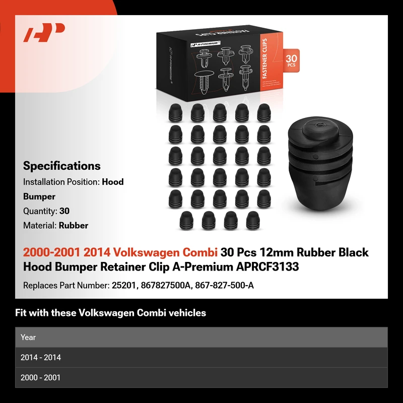 2000-2001 2014 Volkswagen Combi 30 Pcs 12mm Rubber Black Hood Bumper Retainer Clip A-Premium APRCF3133