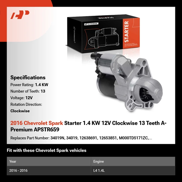 2016 Chevrolet Spark Starter 1.4 KW 12V Clockwise 13 Teeth A-Premium APSTR659