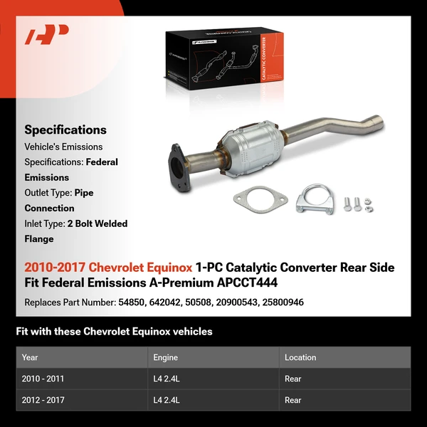 2010-2017 Chevrolet Equinox 1-PC Catalytic Converter Rear Side Fit Federal Emissions A-Premium APCCT444