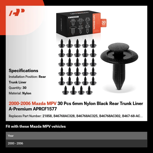 2000-2006 Mazda MPV 30 Pcs 6mm Nylon Black Rear Trunk Liner A-Premium APRCF1577