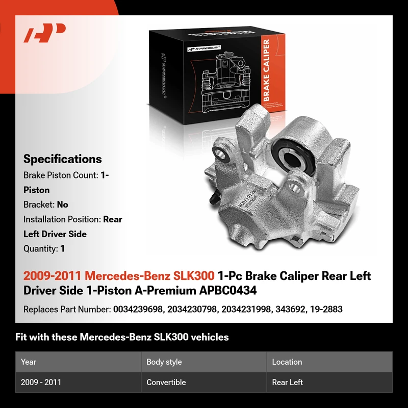 2009-2011 Mercedes-Benz SLK300 1-Pc Brake Caliper Rear Left Driver Side 1-Piston A-Premium APBC0434