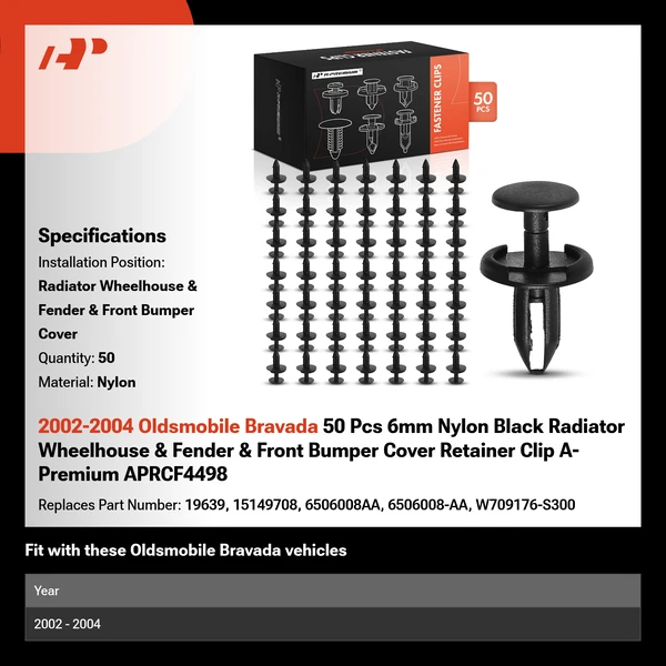 2002-2004 Oldsmobile Bravada 50 Pcs 6mm Nylon Black Radiator Wheelhouse & Fender & Front Bumper Cover Retainer Clip A-Premium APRCF4498