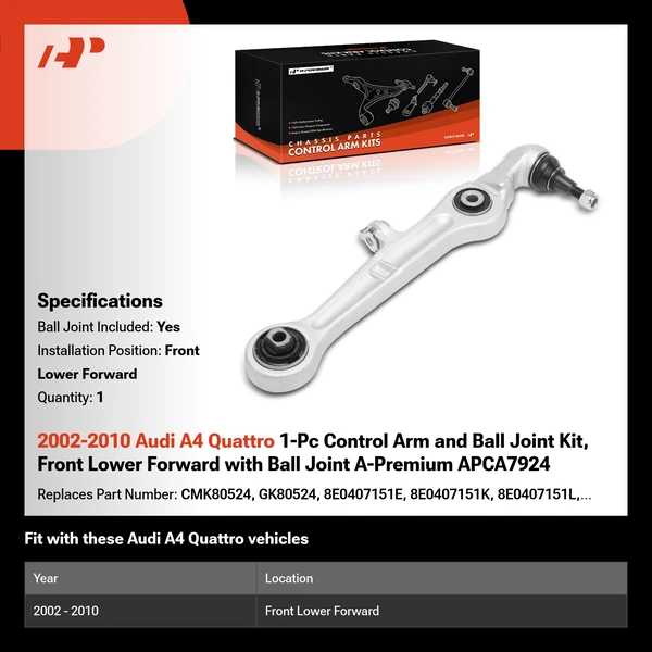 2002-2010 Audi A4 Quattro 1-Pc Control Arm and Ball Joint Kit, Front Lower Forward with Ball Joint A-Premium APCA7924