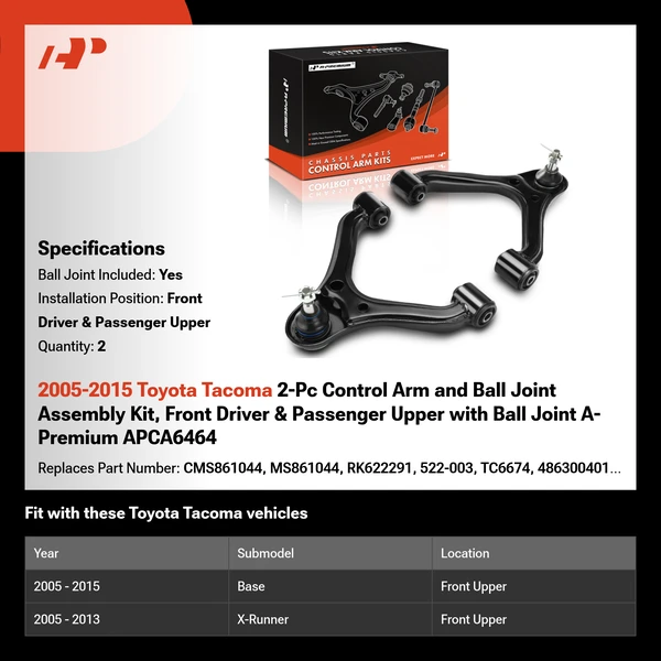 2005-2015 Toyota Tacoma 2-Pc Control Arm and Ball Joint Assembly Kit, Front Driver & Passenger Upper with Ball Joint A-Premium APCA6464