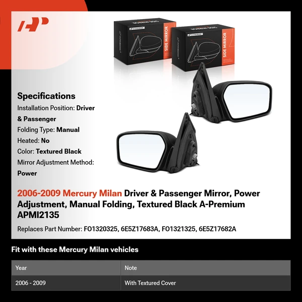 2006-2009 Mercury Milan Driver & Passenger Mirror, Power Adjustment, Manual Folding, Textured Black A-Premium APMI2135