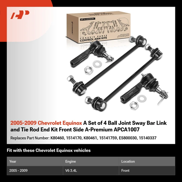 2005-2009 Chevrolet Equinox A Set of 4 Ball Joint Sway Bar Link and Tie Rod End Kit Front Side A-Premium APCA1007