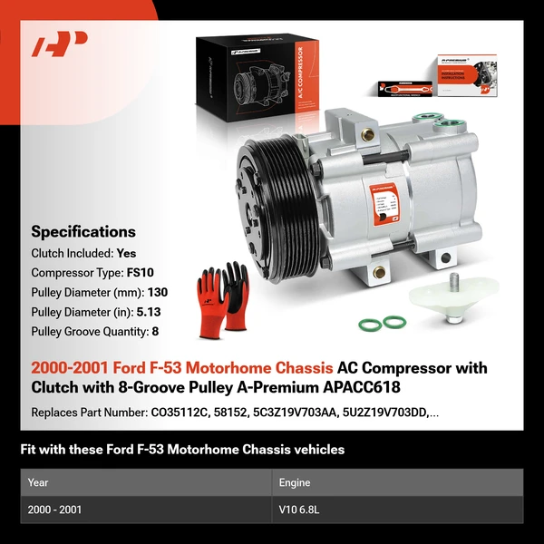 2000-2001 Ford F-53 Motorhome Chassis AC Compressor with Clutch with 8-Groove Pulley A-Premium APACC618