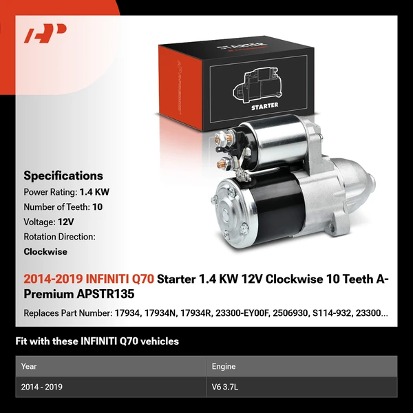 2014-2019 INFINITI Q70 Starter 1.4 KW 12V Clockwise 10 Teeth A-Premium APSTR135