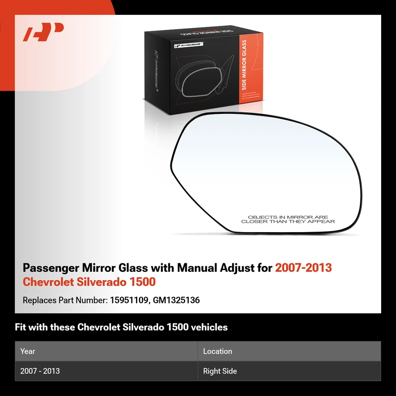 Passenger Mirror Glass with Manual Adjust for 2007-2013 Chevrolet Silverado 1500