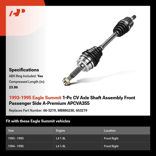 1993-1995 Eagle Summit 1-Pc CV Axle Shaft Assembly Front Passenger Side A-Premium APCVA355