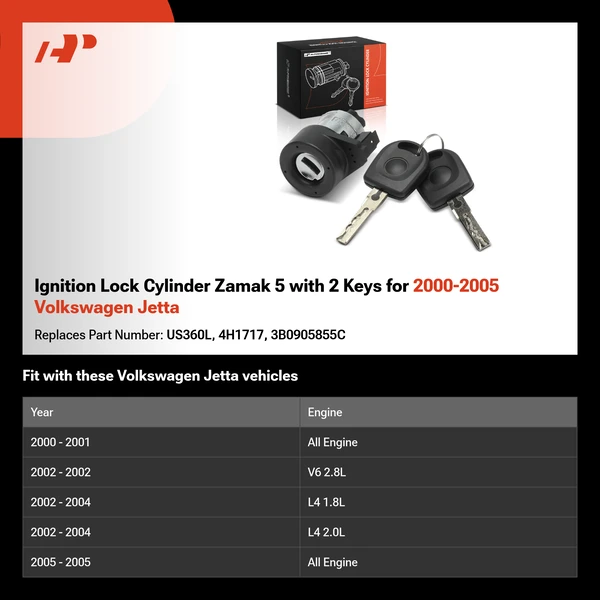 Ignition Lock Cylinder Zamak 5 with 2 Keys for 2000-2005 Volkswagen Jetta