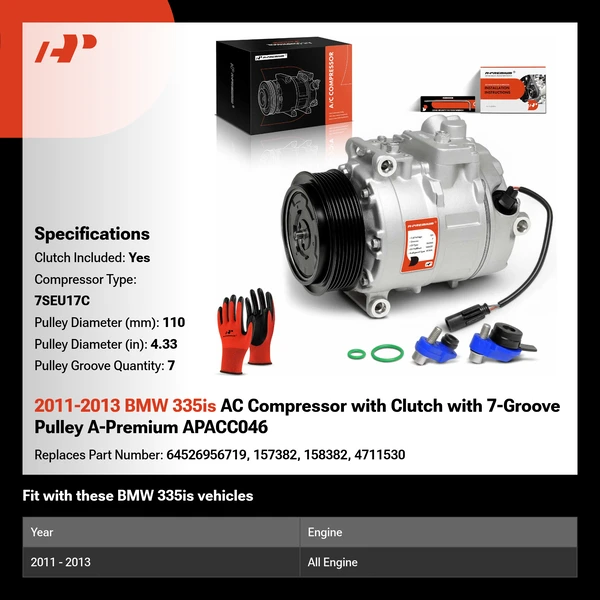 2011-2013 BMW 335is AC Compressor with Clutch with 7-Groove Pulley A-Premium APACC046