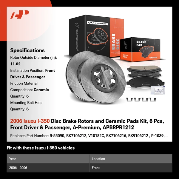 2006 Isuzu i-350 Disc Brake Rotors and Ceramic Pads Kit, 6 Pcs, Front Driver & Passenger, A-Premium, APBRPR1212