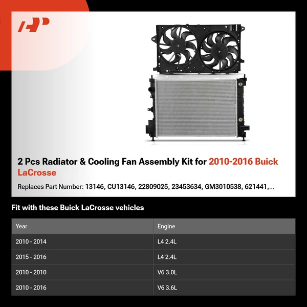 2 Pcs Radiator & Cooling Fan Assembly Kit for 2010-2016 Buick LaCrosse