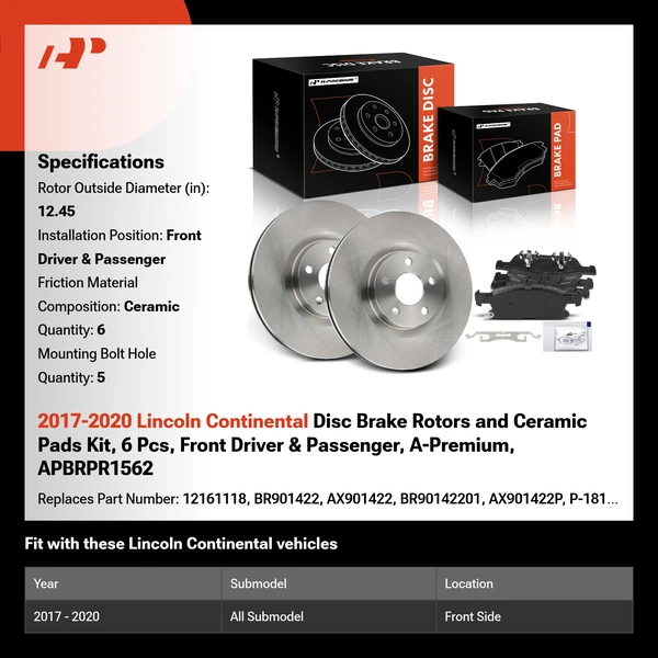 2017-2020 Lincoln Continental Disc Brake Rotors and Ceramic Pads Kit, 6 Pcs, Front Driver & Passenger, A-Premium, APBRPR1562