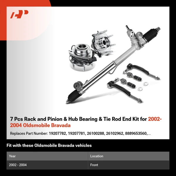 7 Pcs Rack and Pinion & Hub Bearing & Tie Rod End Kit for 2002-2004 Oldsmobile Bravada